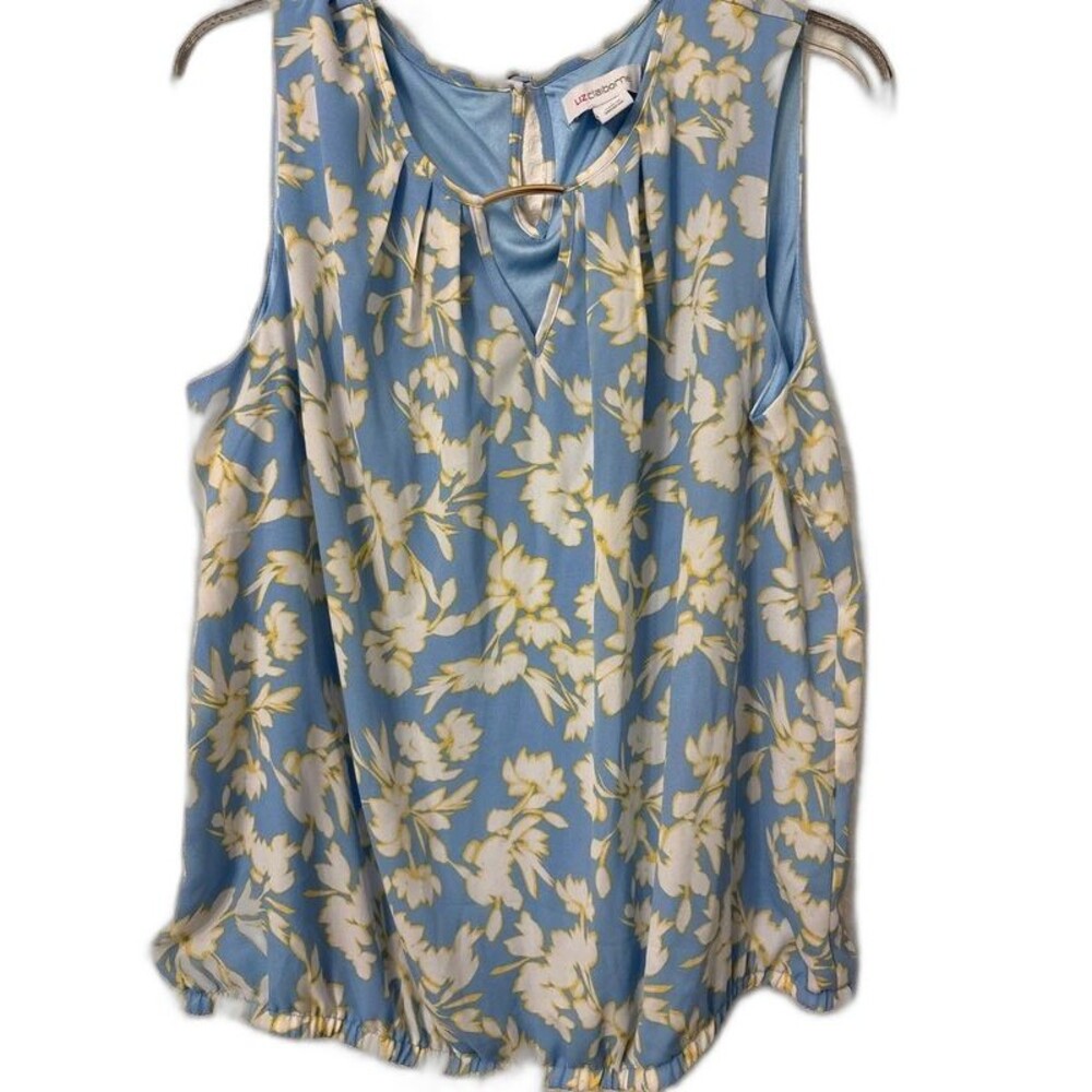 Liz Claiborne Sleeveless Blouse L Blue Floral Keyhole Neckline Gold Bar Detail